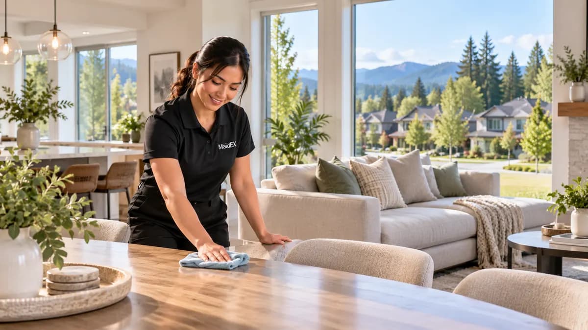 A MaidEX cleaner tidying a bright Metro Vancouver home near Pitt Meadows, BC