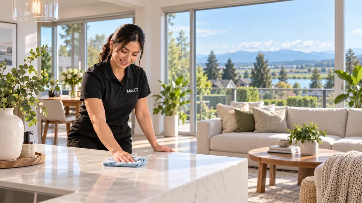 A MaidEX cleaner tidying a bright Metro Vancouver home near New Westminster, BC