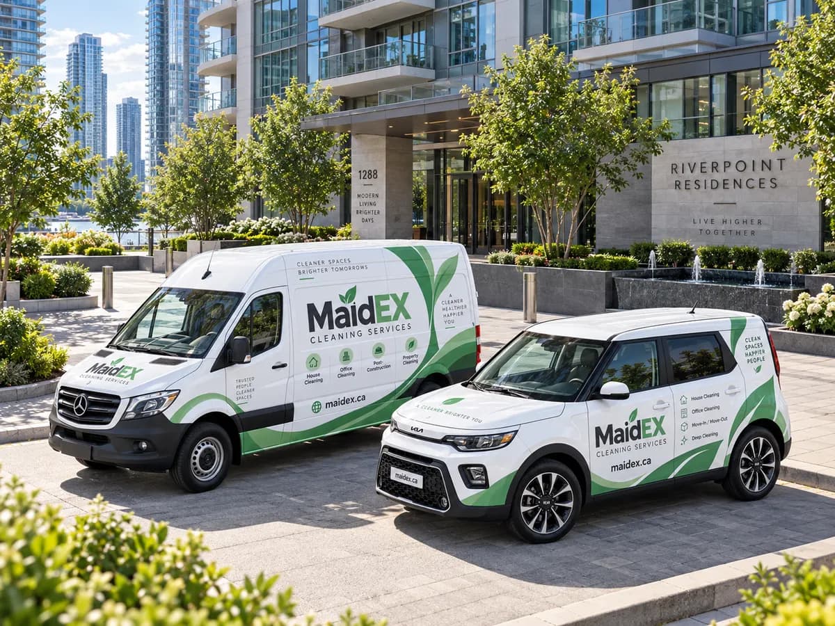 MaidEX-branded cleaning vehicles outside a Metro Vancouver residence