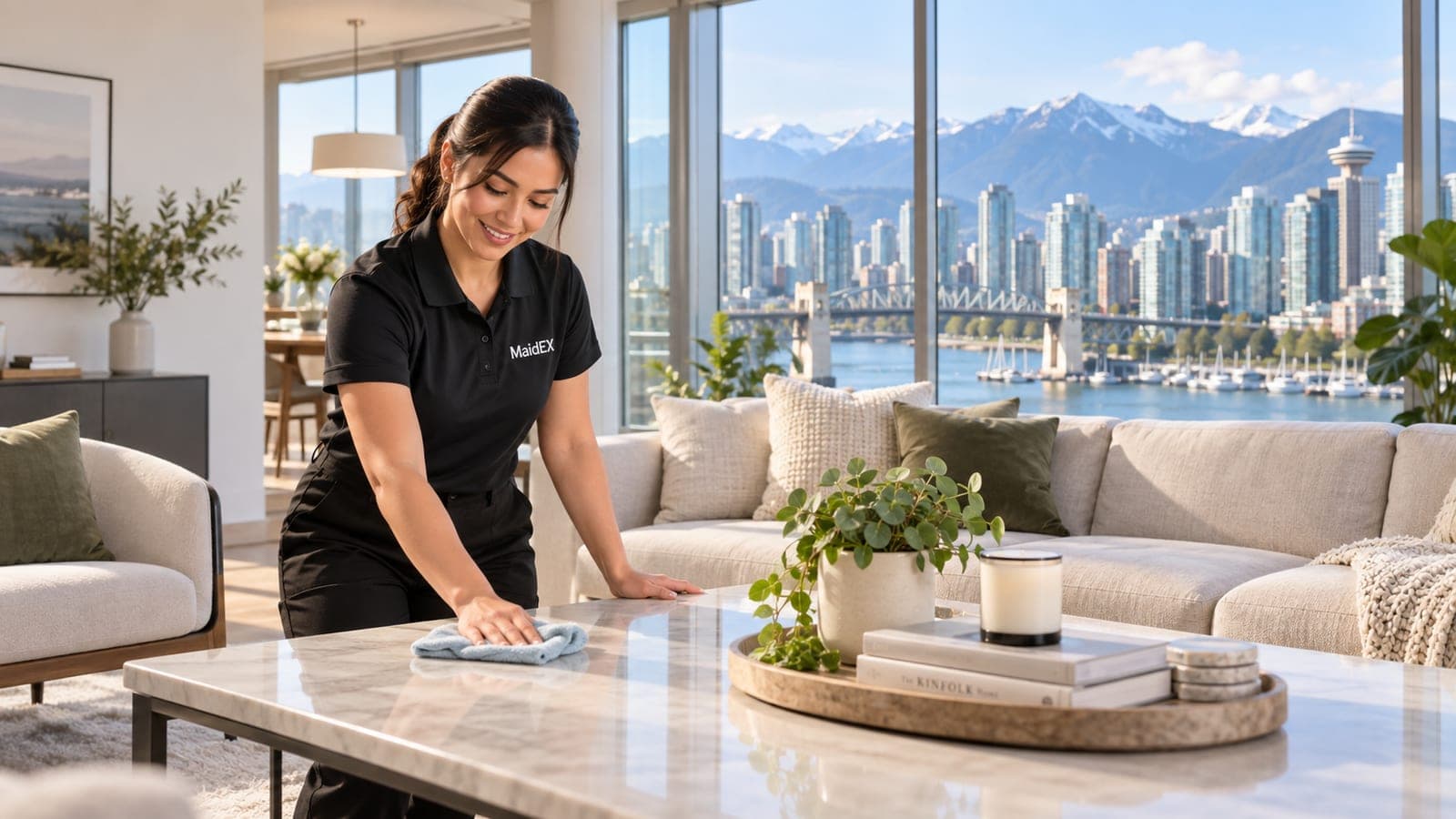 A MaidEX cleaner keeping a bright Vancouver condo spotless, with the downtown skyline and North Shore mountains behind