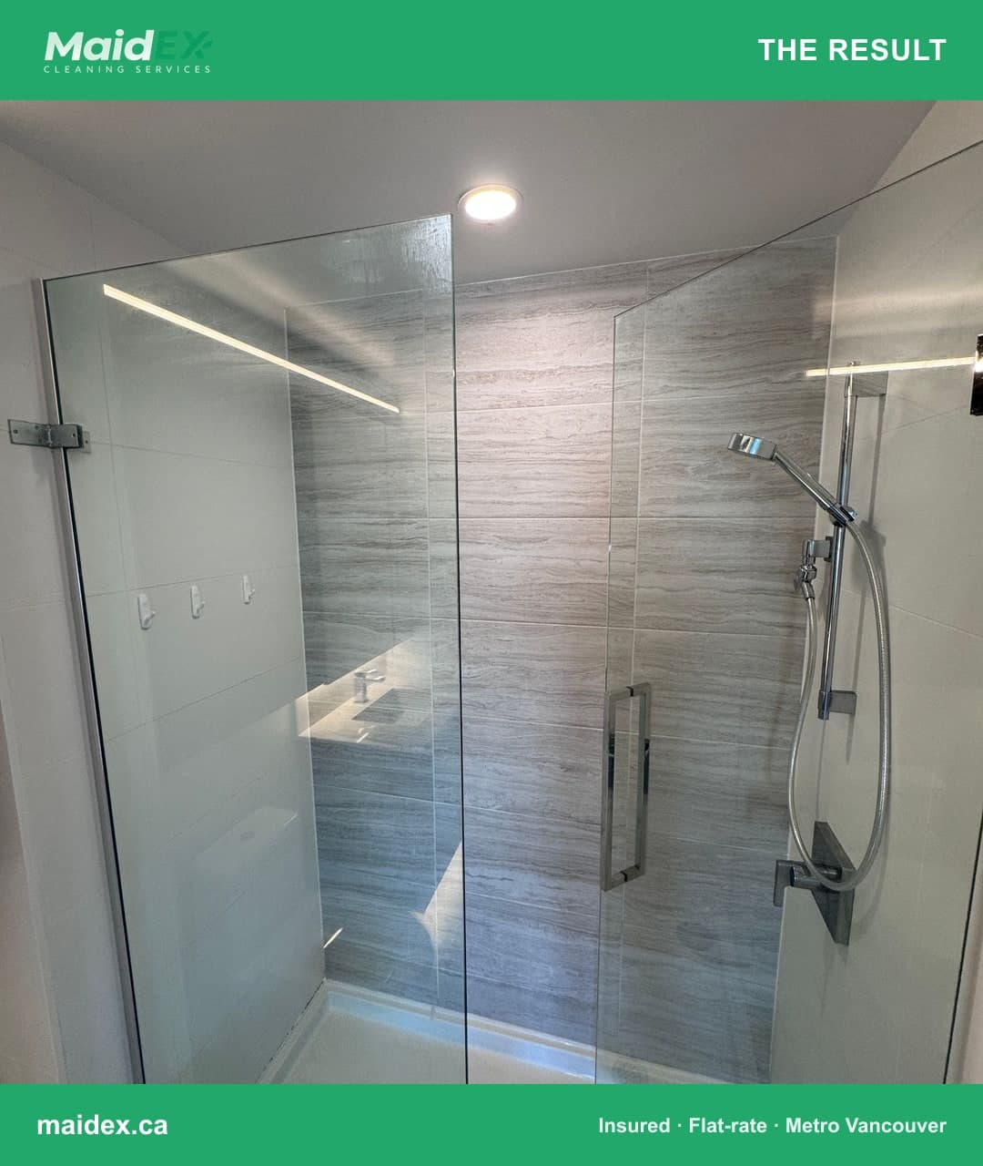 Clean, clear glass shower enclosure after a MaidEX clean in Metro Vancouver