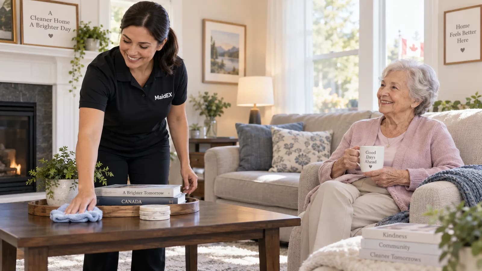 A MaidEX cleaner carefully wiping a coffee table in a cozy living room as an elderly client looks on with a warm drink