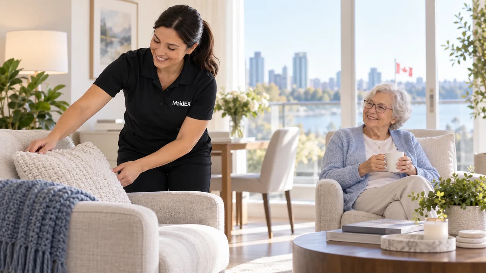 A MaidEX cleaner tidying a bright Metro Vancouver living room while an elderly client relaxes with a cup of tea